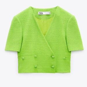 NWT. Zara Green Textured Cropped V-neckline Blazer. Size S.